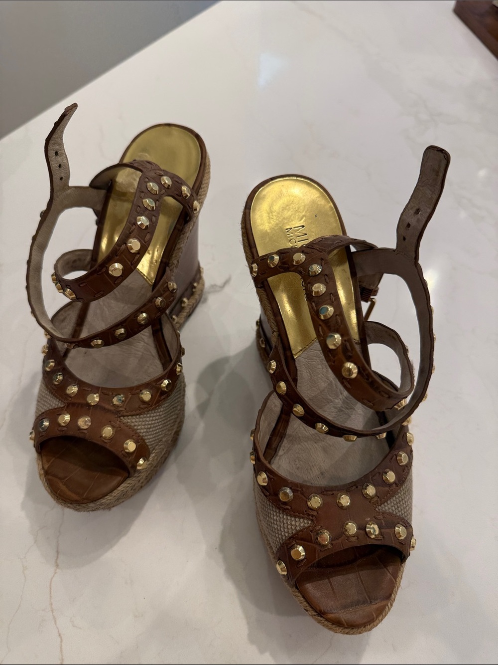 Michael Kors Brown Studded Espadrille Wedge Sandals